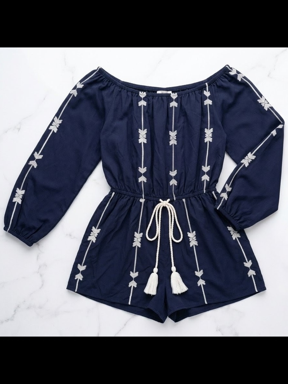 Exist Navy Off-Shoulder Embroidered Romper with White Tassel Tie
